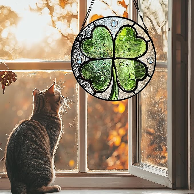AMDERVEN Stained Glass Window Hanging - St. Patrick's Day Green Irish Themed Gifts Sun Catcher Door Home Clover Decor Suncatcher Christmas Mother's Day Birthday Gifts for Women Men Mom Nana 11.8 in