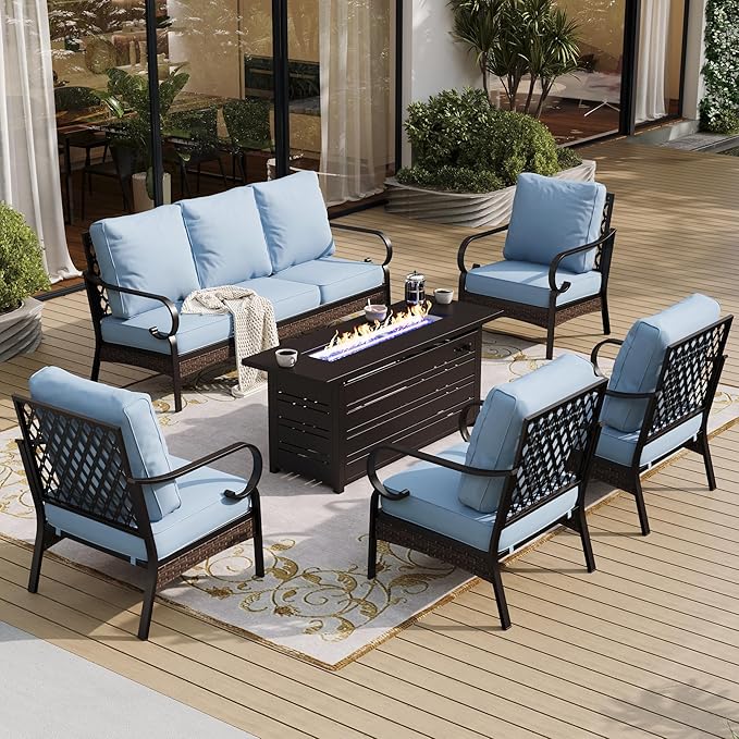 SUNSHINE VALLEY 6 Piece Black Metal Outdoor Patio Furniture Sets with Firepit Table, Patio Conversation Sets 1 3-Seater Sofa, 4 Single Sofa with 5.75" Extra Cushion Backyard Furniture for Deck, Blue