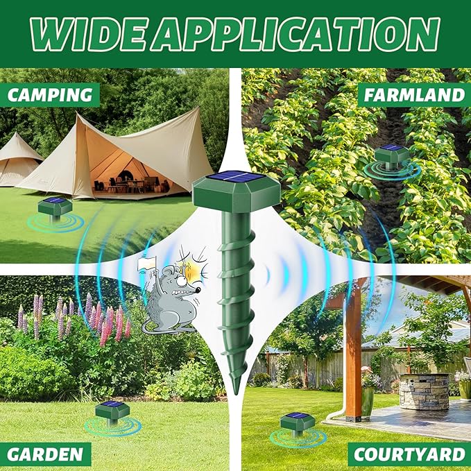 Mole Repellent Solar Powered 6 Pack,Ultrasonic Gopher Repellent,IP 65 Waterproof Outdoor Sonic Deterrent,Effective Get Rid of Snake Vole, Chipmunk Skunk Groundhog,Family & Pet Safe
