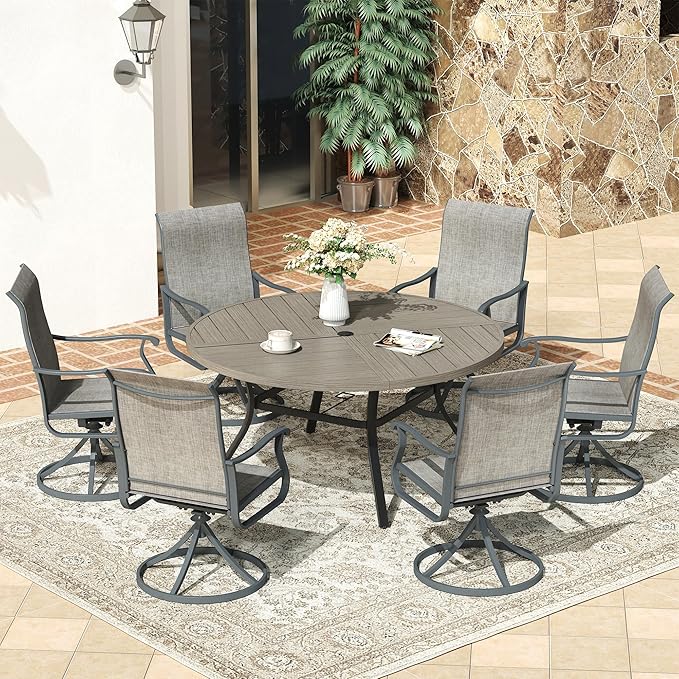 VICLLAX Round Patio Dining Table, 6 Person Metal Outdoor Dining Table with Umbrella Hole and Storage Shelf for Garden Lawn Deck, 50" Grey
