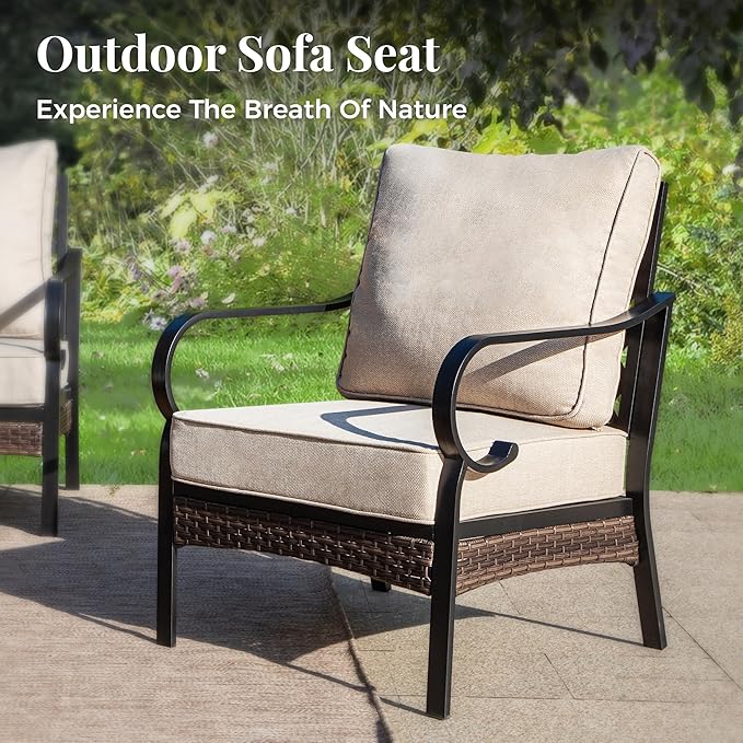 Patio Furniture Set with Coffee Table, Outdoor Conversation Set with 4 x Fixed Chairs, 1 x 3-Seat Sofa for Lawn Garden Backyard, Beige