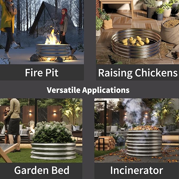 36 Inch Outdoor Fire Pit Ring, Round Galvanized Portable Fire Pit for Camping, Metal Steel Bonfire Fire Ring for Outside, Backyard