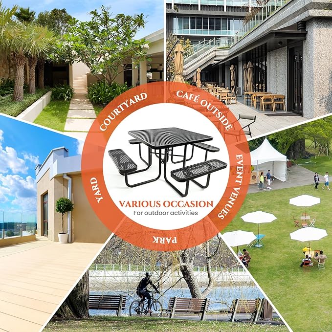 46" Square Top Outdoor Picnic Table Set for Up to 8 Persons, Outside Table Set with 4 Built-in Benches, Metal Commercial-Grade Dining Furniture with Umbrella Hole for Garden, Backyard, Porch, Patio