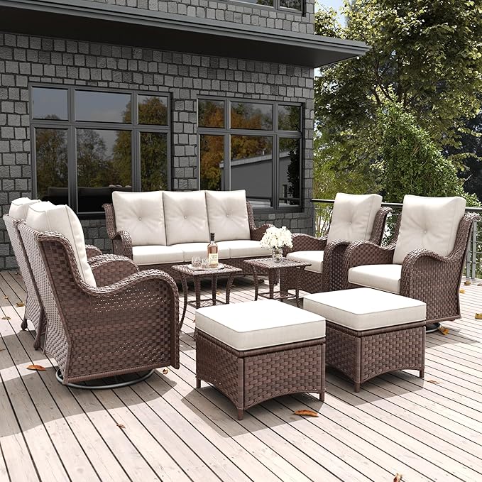 LayinSun 9-Piece Outdoor Patio Furniture Set - Rattan Wicker Sectional Swivel Rocker Chairs with Ottomans, Single Chairs and Coffee Table