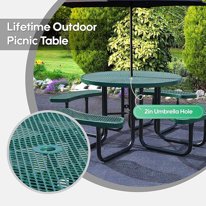 Sunnibety 8-Person Picnic Tables for Outdoors, Industrial 46" Expanded Metal Round Picnic Table with 4 Benches & Umbrella Hole, Outside Table and Bench Set for Park, Garden, Backyard, Patio, Green