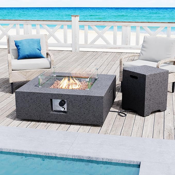 SUNBURY Outdoor Travertine Fire Pit Table, 35 in Square Propane Gas Patio FirePit 50000 BTU, Firepit Table with Lava Rocks, Wind Guard, Propane Tank Cover, Waterproof Cover (Grey)