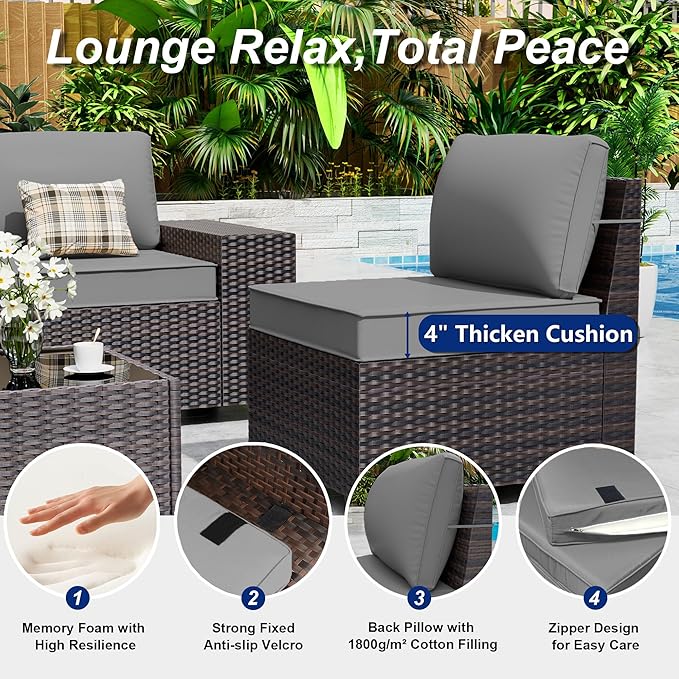 Outdoor Patio Furniture Set with Gas Fire Pit Table, 7 Pieces Patio Furniture Set Outdoor Sectional Sofa w/43in Propane Fire Pit, PE Wicker Rattan Patio Conversation Sets -Grey