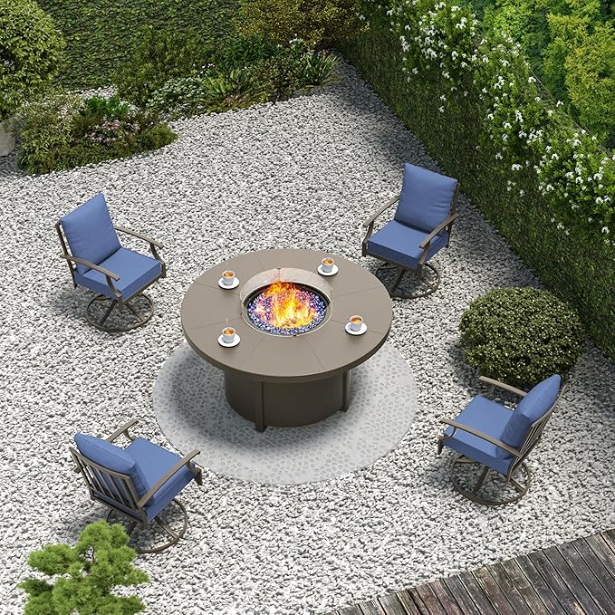 5 Pieces Patio Furniture Set with Round Fire Pit Table, Outdoor Conversation Sets 4 Swivel Chairs with Upgrade Cushions for Patio, Backyard Dark Blue