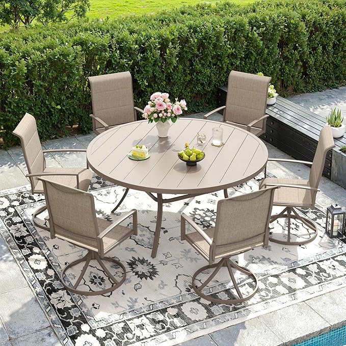 DIFY 50" Round Outdoor Patio Dining Table for 6, Metal Patio Table with 1.57" Adjustable Umbrella Hole, All-Weather Dining Furniture Table for Backyard Lawn Garden, Sandshell