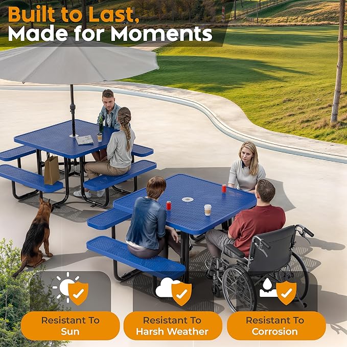 Metal Picnic Tables for Outdoors with Umbrella Hole - Coated Steel Heavy Duty Commercial Grade Furniture with Adjustable Seats (Blue, 46 in, Square, Punched Steel)