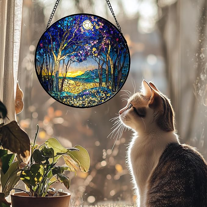 QZQCBLC Stained Glass Window Hanging Blue Purple Forest Trees Landscape Moon Large 15" - Suncatcher Door Garden Sun Catcher Home Decor Birthday Christmas for Mom Men Woman Nana