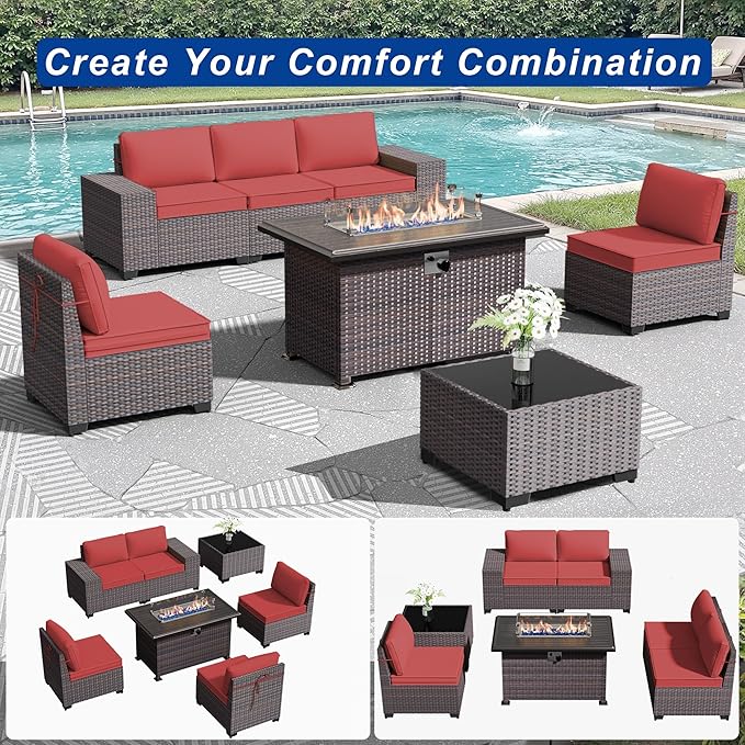 Outdoor Patio Furniture Set with Gas Fire Pit Table, 7 Pieces Patio Furniture Set Outdoor Sectional Sofa w/43in Propane Fire Pit, PE Wicker Rattan Patio Conversation Sets