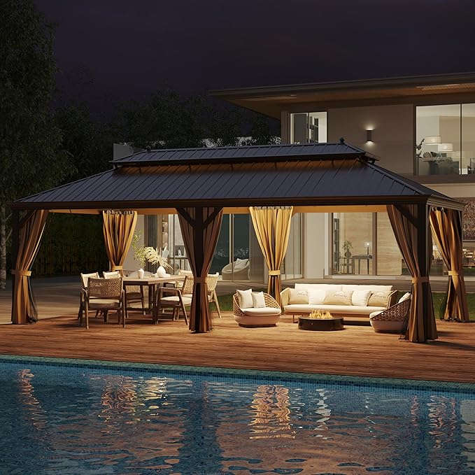 GAZEBEST 12' X 24' Hardtop Gazebo, Outdoor Galvanized Steel Double Roof Permanent Aluminum Frame Pavilion Pergola Canopy with Privacy Curtains for Garden, Patio, Backyard, Deck and Lawns.