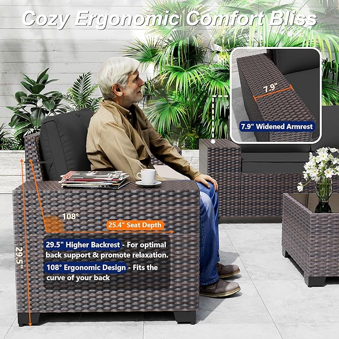 Outdoor Patio Furniture Set, 6 Pieces Outdoor Sectional Furniture High Backrest Patio Sofa, All-Weather PE Rattan Patio Conversation Set with Coffee Table & Cushions-Black