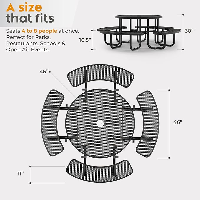 Metal Picnic Tables for Outdoors with Umbrella Hole - Coated Steel Heavy Duty Commercial Grade Furniture Set with Adjustable Seats (Black, 46 in, Round, Punched Steel)