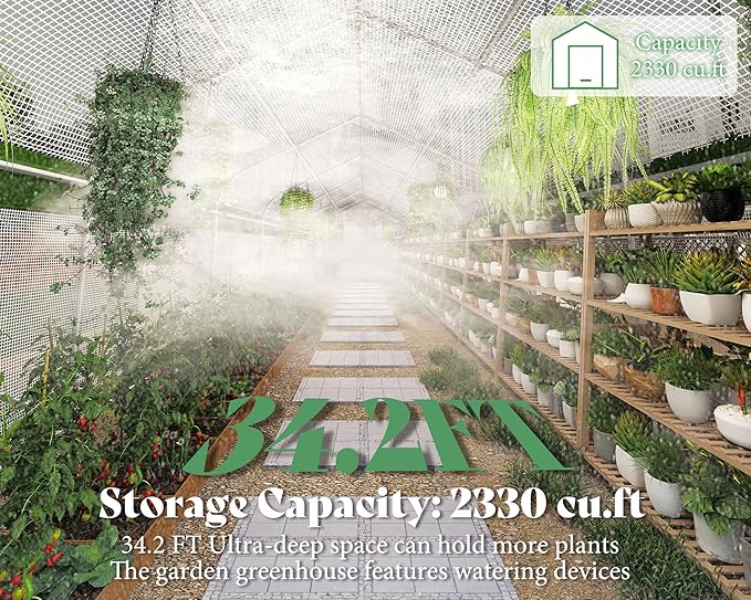 AMERLIFE 34x10x7 FT Large Walk-in Tunnel Greenhouse for Outdoors with Watering System 2 Zipper Rolling Doors, Heavy Duty Greenhouse Upgraded Galvanized Steel Frame 14 Windows, White/Green