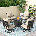 PHI VILLA 5 Piece Patio Furniture Set with 28" Firepit Table, 4 Outdoor 5.75" Cushioned Metal Frame Swivel Sofa Chairs & 28" Gas Firepit Table, Outside Furniture Set for Lawn Garden(Beige)