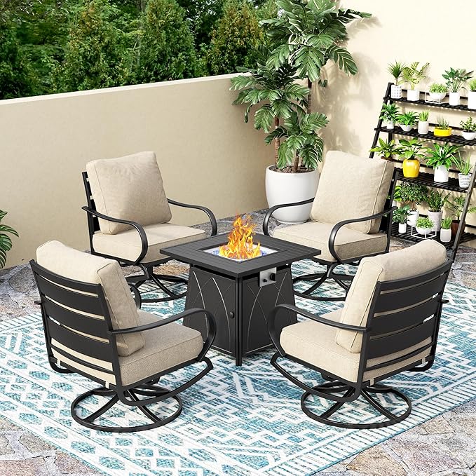 PHI VILLA 5 Piece Patio Furniture Set with 28" Firepit Table, 4 Outdoor 5.75" Cushioned Metal Frame Swivel Sofa Chairs & 28" Gas Firepit Table, Outside Furniture Set for Lawn Garden(Beige)