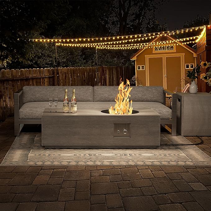 Dineli 2-Piece Outdoor Propane Fire Pit Table Set w Tank Table 48'' Rectangular Firepit Gas Fire Pits for Outside Patio Fire Table Tabletop Fire Pits, 50,000 BTU, Light Gray