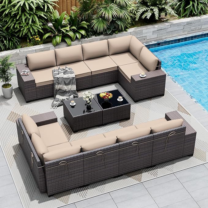 Outdoor Patio Furniture Set, 12 Pieces Outdoor Sectional Furniture High Backrest Patio Sofa, All-Weather PE Rattan Patio Conversation Set with Coffee Table & Cushions(Brown).