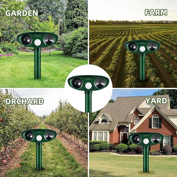 4 Pack 2026 Solar Ultrasonic Animal Repellent Outdoor Cat Squirrel Deer Repellent Devices Rabbit Deterrent for Garden,Animal Repeller with Motion Sensor for Dog Skunk Raccoon Rabbit Rodent
