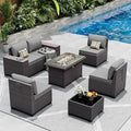 Outdoor Patio Furniture Set with Gas Fire Pit Table, 7 Pieces Patio Furniture Set Outdoor Sectional Sofa w/43in Propane Fire Pit, PE Wicker Rattan Patio Conversation Sets -Grey