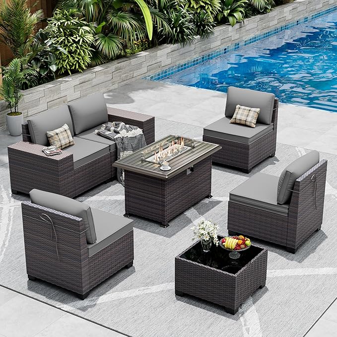 Outdoor Patio Furniture Set with Gas Fire Pit Table, 7 Pieces Patio Furniture Set Outdoor Sectional Sofa w/43in Propane Fire Pit, PE Wicker Rattan Patio Conversation Sets -Grey