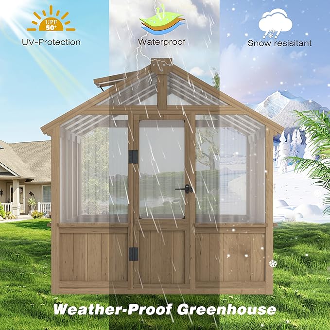VEIKOU 6' x 8' Wooden Greenhouse for Outdoors with Cedar Frame, 6MM Thick Polycarbonate Panel, Green House with Adjustable Vent for Outside, Garden, Backyard, Light Mocha Brown