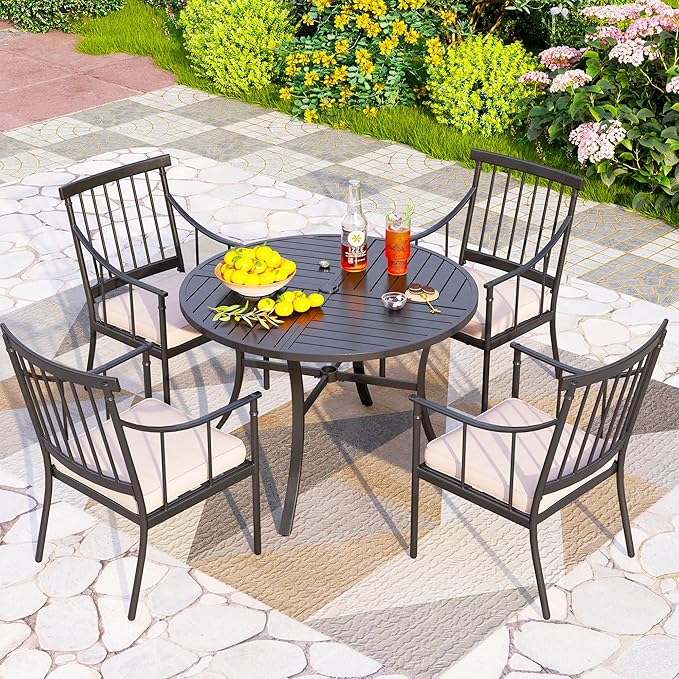 PHI VILLA Outdoor Round Dining Table for 4, 42" Large Metal Wrought Iron Table with Umbrella Hole, All Weather Dining Furniture for Patio, Deck, Yard, Porch - Black