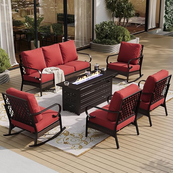 SUNSHINE VALLEY 6 Piece Metal Outdoor Patio Furniture Sets with Firepit Table, Patio Conversation Sets 1 3-Seater Sofa, 2 Leg Sofa and 2 Rocking Chair with 5.75" Cushion for Backyard Deck, Rust Red