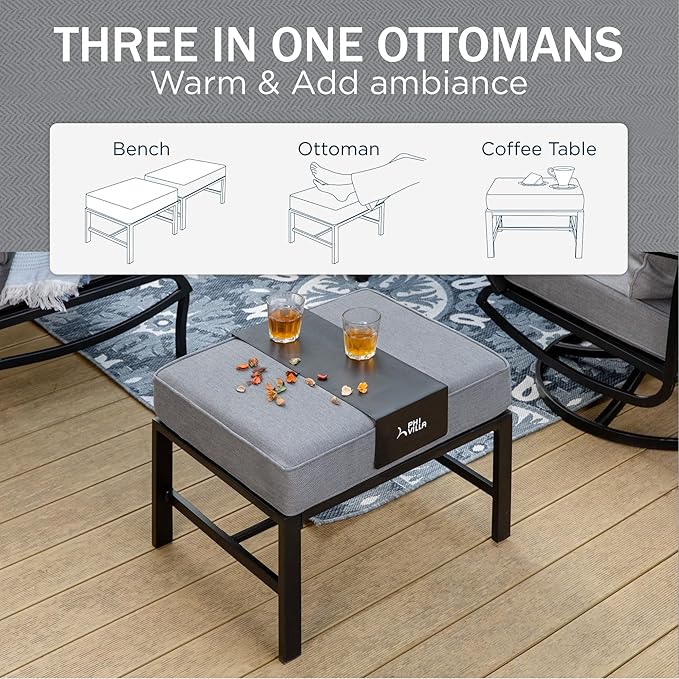 PHI VILLA 5 PCS Patio Furniture Set,Metal Deluxe Patio Set with 1 x 3 Seater Deep Seating Bench, 2 x Swivel Sofa Chairs & 2 x Metal Cushioned Ottoman, Outdoor Patio Set for Garden, Grey