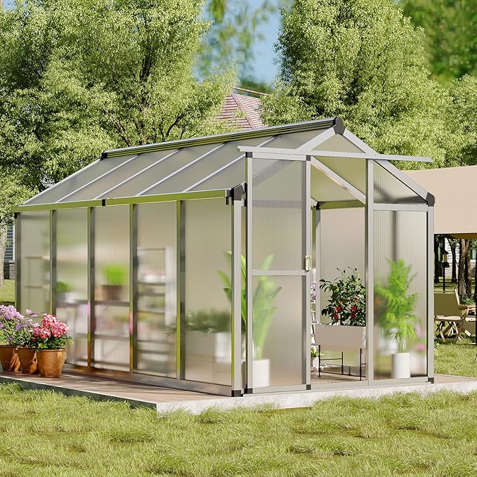 8 X 12 Ft Greenhouse, Greenhouses for Outside, Polycarbonate Greenhouse with Aluminum Frame, Lockable Door and Ajustable Roof Vent for Backyard, Green Houses for Outside Garden Backyard, Patio