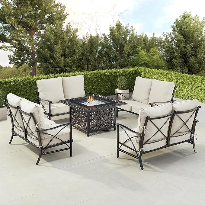 Oakland Living Black Aluminum Patio Fire Table Set with Four Deep Seating Loveseat with Cushions