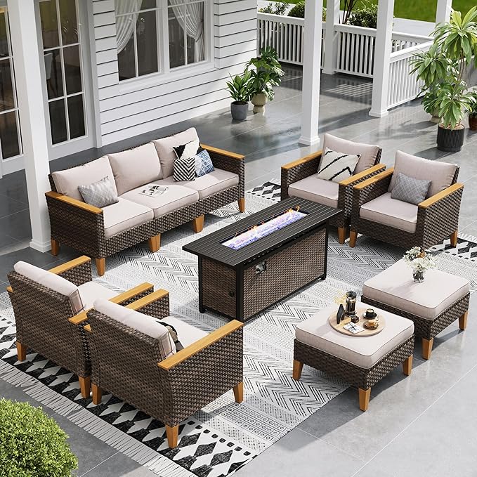 Sophia & William Patio Furniture Set with Fire Pit Table, Large Outdoor Wicker Rattan Sectional Sofa 10 Piece Patio Conversation Set for Deck, Backyard, Porch, Outside(56-Inch Fire Pit,Beige)