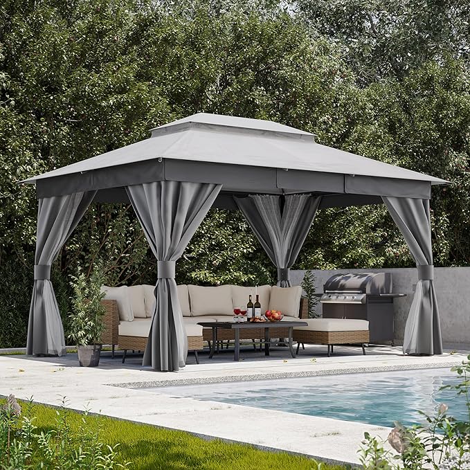 LAUSAINT HOME Gazebo 10x13ft, Heavy Duty Patio Gazebo with Expansion Bolts, Party Canopy Tent with Double Roofs, Mosquito Nettings and Privacy Screens for Backyard, Garden, Lawn, Grey
