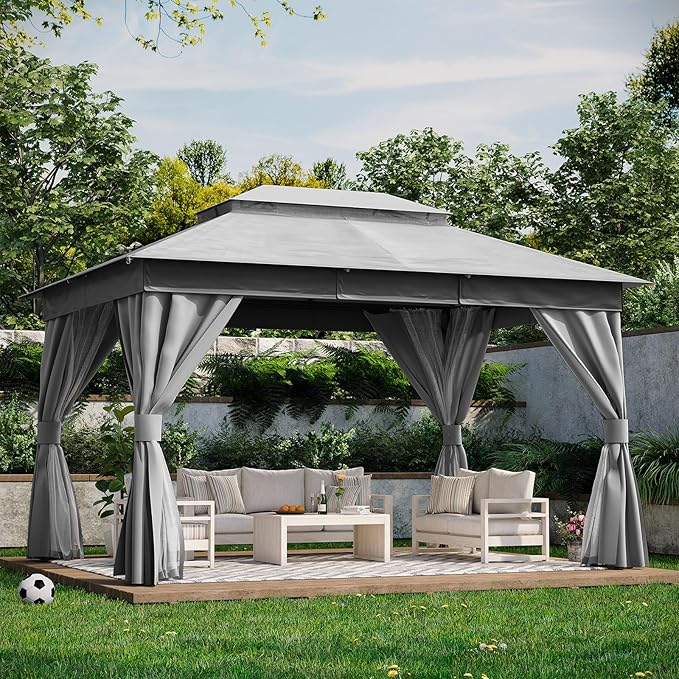 LAUSAINT HOME Outdoor Patio Gazebo 10'x13' with Expansion Bolts, Heavy Duty Party Tent & Shelter with Double Roofs, Mosquito Nettings and Privacy Screens for Backyard (Grey)