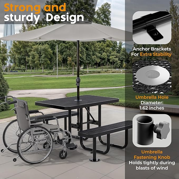 OUTTANS Commercial Heavy-Duty Metal Picnic Table - ADA Compliant, Adjustable Seats, Umbrella Hole, Expanded Metal (Black, 4' Rectangular)