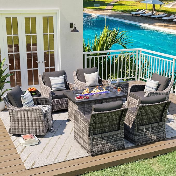 MEISSALIVVE 9 Pieces Patio Furniture Set with 43" Fire Pit Table, Wicker Patio Conversation Set with Swivel Rocking Chairs, Outdoor Patio Set for Lawn Backyard Porch (Grey)