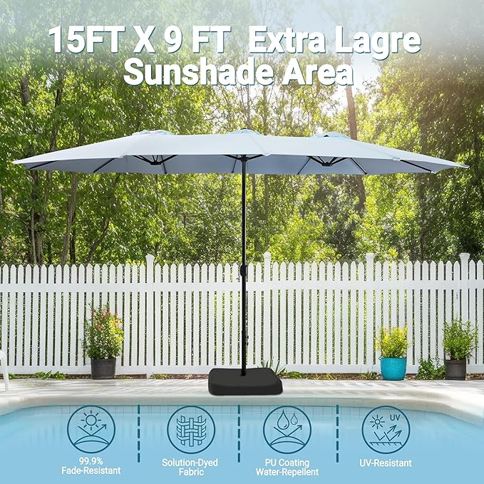 Bigroof 15ft x 9ft Patio Double-Sided Umbrella with Base & Crank, Extra Large Rectangular Outdoor Umbrella for Patio, Lawn & Garden, Beige