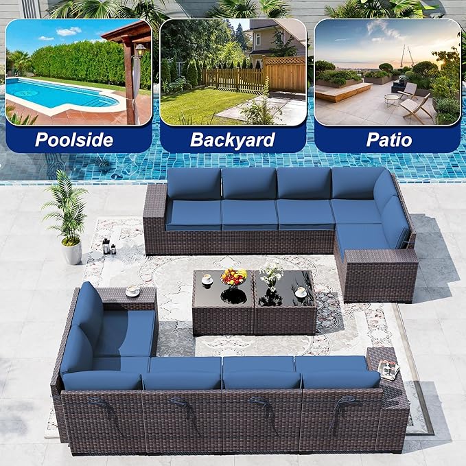 Outdoor Patio Furniture Set, 12 Pieces Outdoor Sectional Furniture High Backrest Patio Set, All-Weather PE Rattan Patio Conversation Set w/Coffee Tables & Cushions-(Dark Blue)