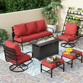 PHI VILLA Patio Furniture with 1 x 45 Metal FirePit Table, 1 x 3-Seat Wide Deep Seating Bench, 2 x Swivel Sofa Chairs & 2 Ottomans, 5.75" Thick Cushioned Outdoor Conversation Set for 5,Red