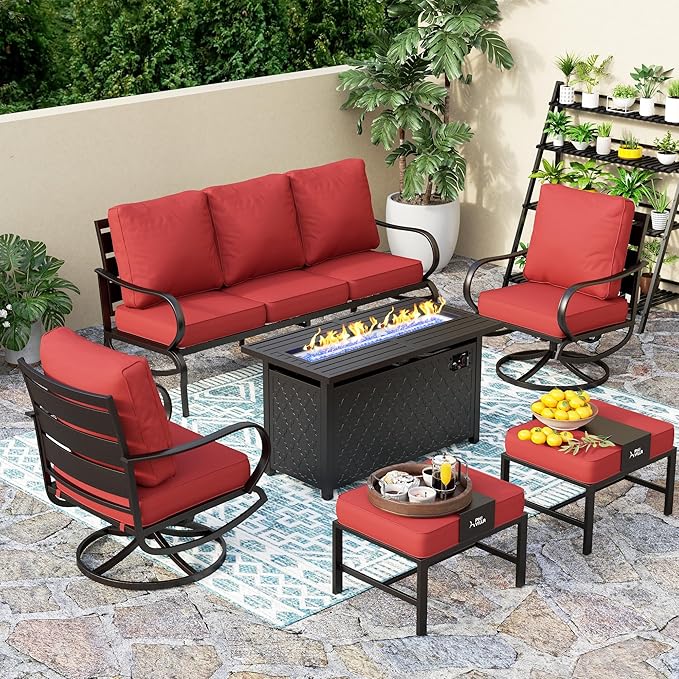 PHI VILLA Patio Furniture with 1 x 45 Metal FirePit Table, 1 x 3-Seat Wide Deep Seating Bench, 2 x Swivel Sofa Chairs & 2 Ottomans, 5.75" Thick Cushioned Outdoor Conversation Set for 5,Red