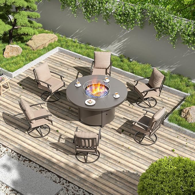 7 Pieces Patio Furniture Set with Round Fire Pit Table, Outdoor Conversation Sets 6 Swivel Chairs with Upgrade Cushions for Patio, Backyard Brown