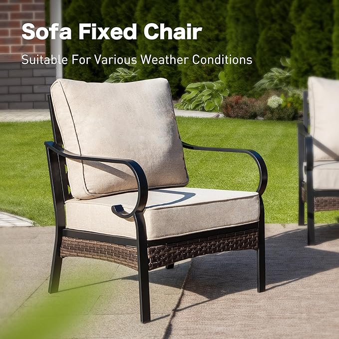 SUNSHINE VALLEY 6 Piece Black Metal Outdoor Patio Furniture Sets with Firepit Table, Patio Conversation Sets 1 3-Seater Sofa, 4 Single Sofa with 5.75" Thick Cushion Backyard Furniture for Deck, Beige