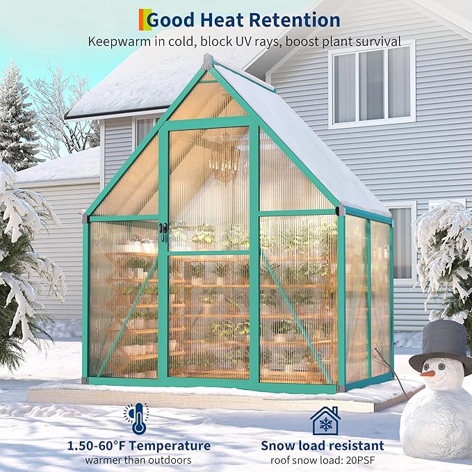6 x 4 ft Greenhouse, Polycarbonate Walk-in Greenhouse with Aluminum Frame, Adjustable Roof Vent and Lockable Door, Green Houses for Outside, Garden, Backyard and Patio, Easy Assembly