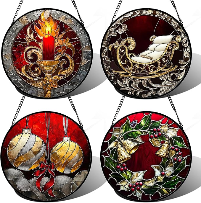 AMDERVEN Stained Glass Window Hanging 4 Pcs Set Christmas Golden Bell Sleigh 6.3" - Suncatcher Door Garden Sun Catcher Decor Birthday Mother's Day Xmas Gifts for Mom Woman Nana Men Parents