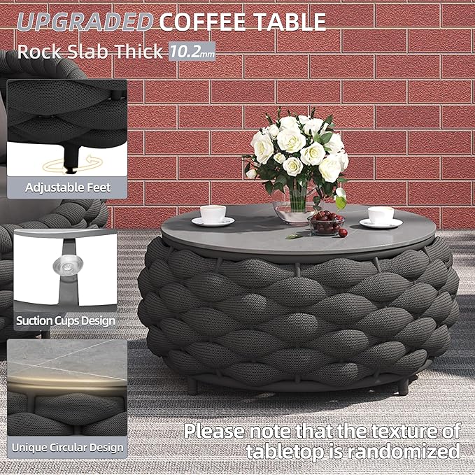 TWT Aluminum Patio Furniture Set Three Seater Sofa Outdoor Furniture Set w/Coffee Table,Patio Conversation Set with Hand Woven Polyester Rope for Bedroom Backyard Poolside, Dark Grey