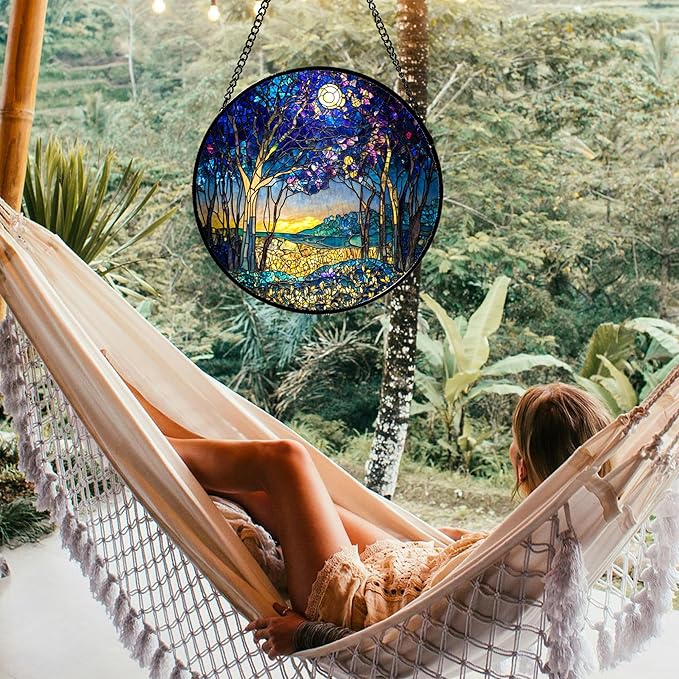 QZQCBLC Stained Glass Window Hanging Blue Purple Forest Trees Landscape Moon Large 15" - Suncatcher Door Garden Sun Catcher Home Decor Birthday Christmas for Mom Men Woman Nana
