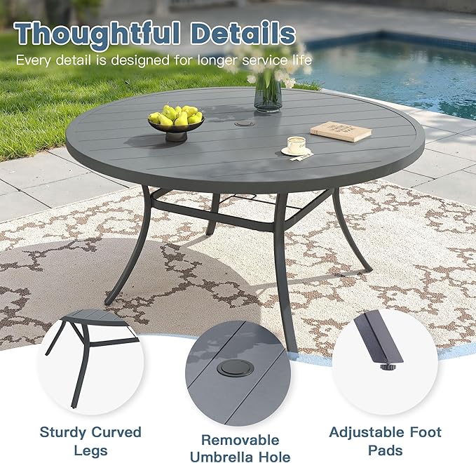 DIFY 60" Round Outdoor Patio Dining Table for 8-10, Metal Patio Table with 1.57" Adjustable Umbrella Hole, All-Weather Dining Furniture Table for Backyard Lawn Garden, Grey