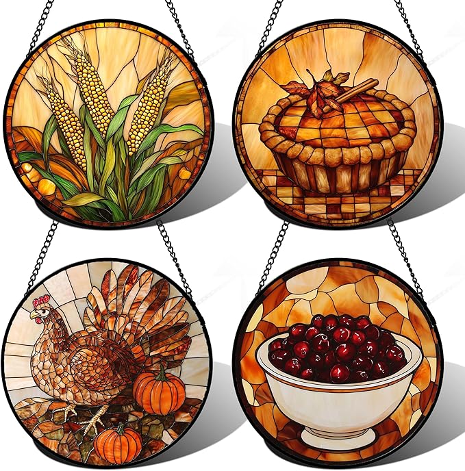 AMDERVEN Stained Glass Window Hanging 4 Pcs Set Brown Turkey Berry Corn Large 15" - Suncatcher Door Garden Sun Catcher Decor Birthday Thanksgiving Mother's Day for Mom Woman Nana Men